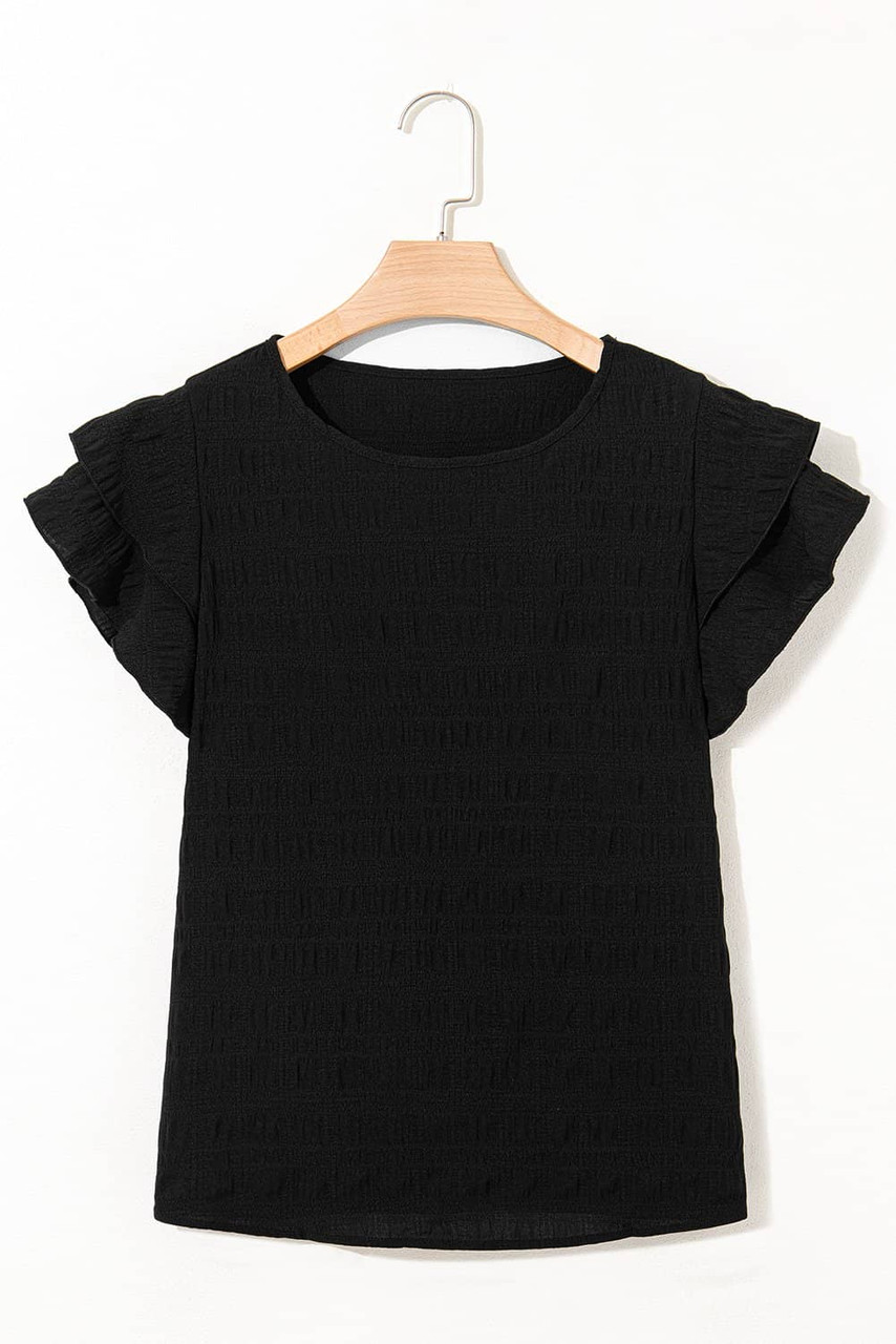 Black Textured Ruffled Sleeve Round Neck Top