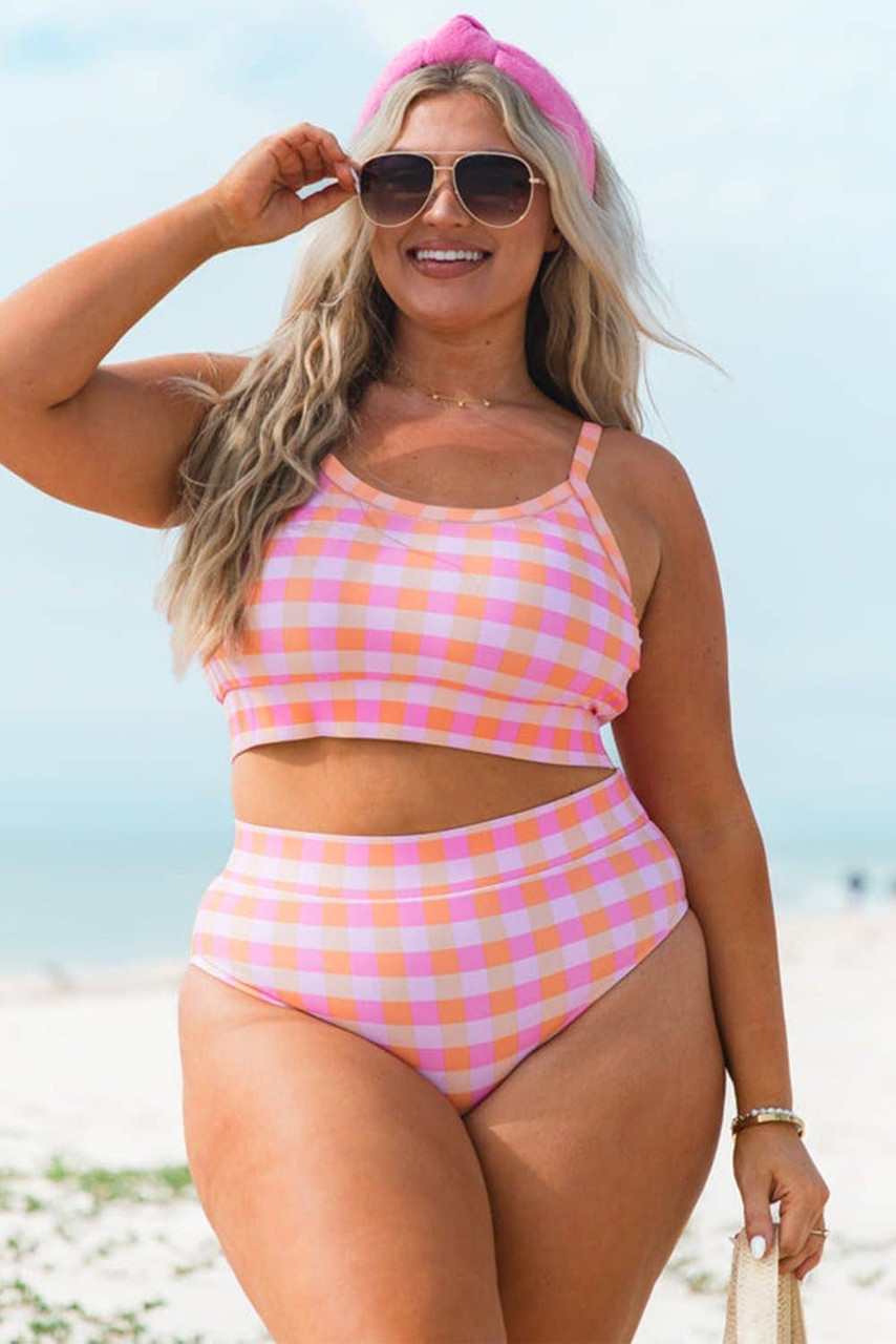 Pink Plus Size Plaid Print High Waist Bikini Set