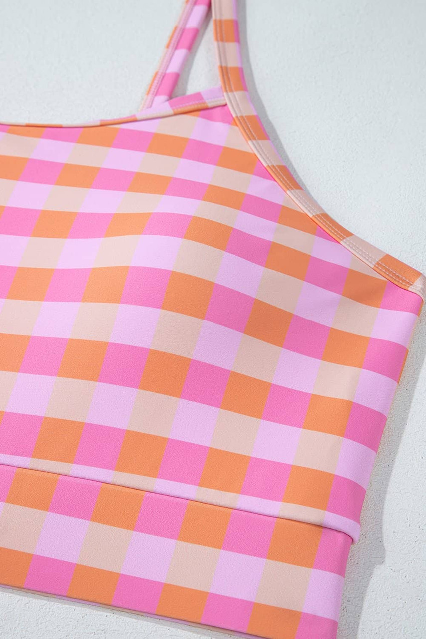 Pink Plus Size Plaid Print High Waist Bikini Set