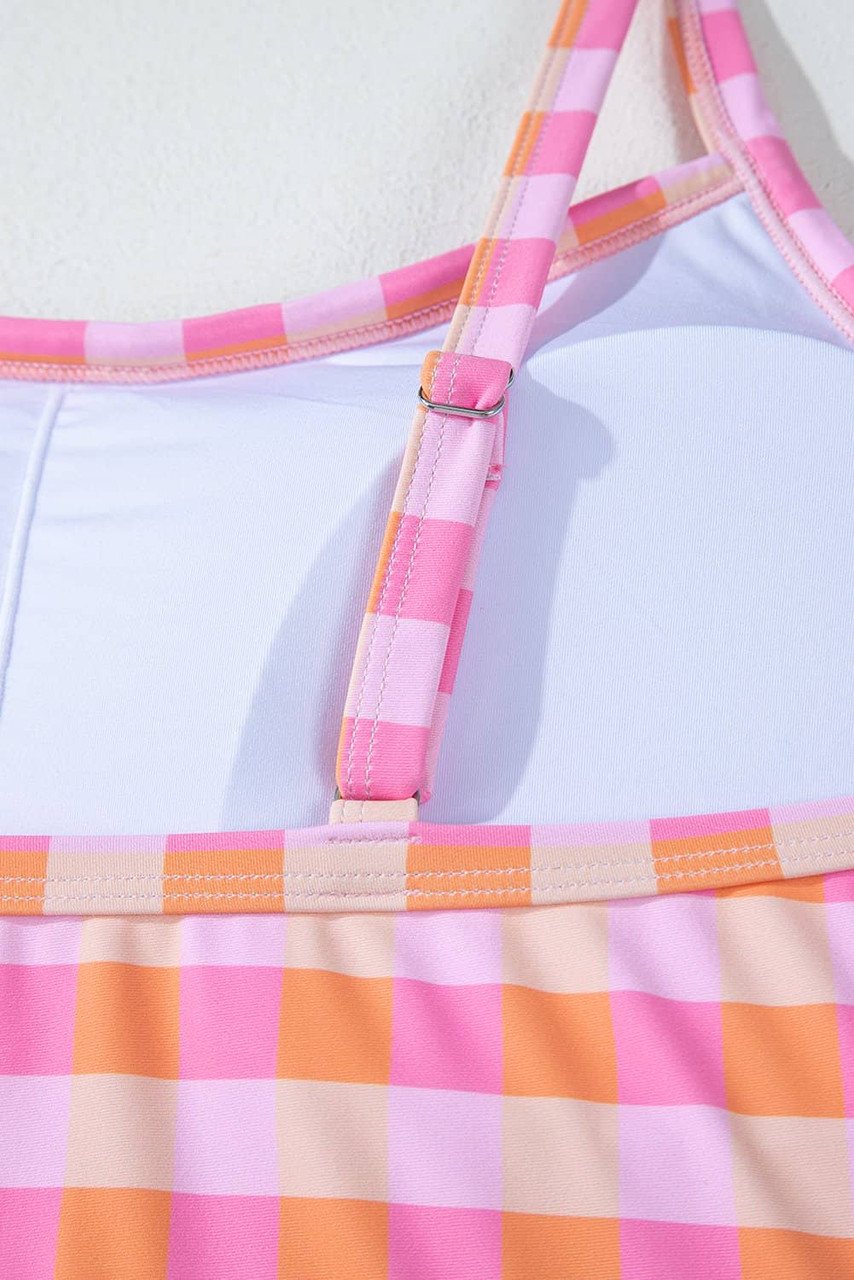 Pink Plus Size Plaid Print High Waist Bikini Set