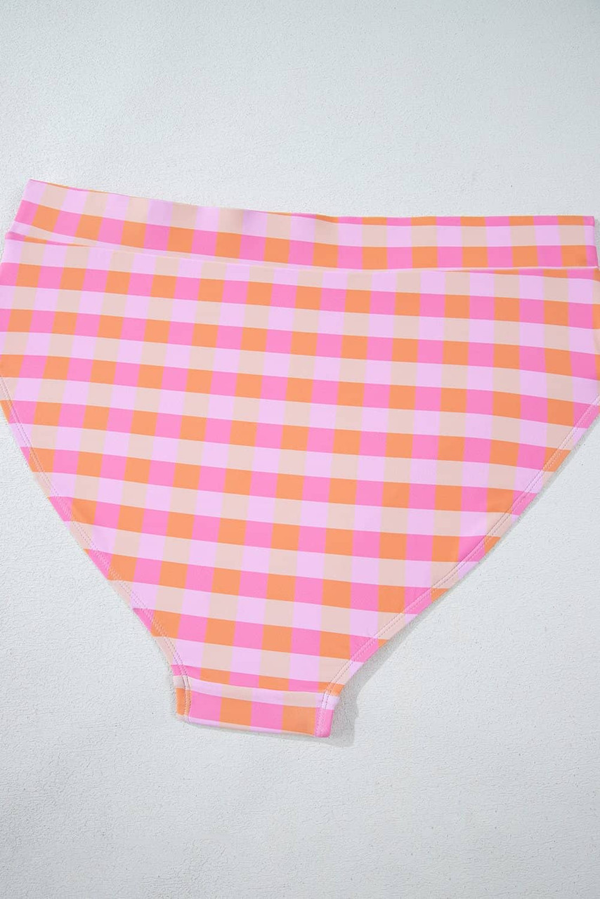 Pink Plus Size Plaid Print High Waist Bikini Set