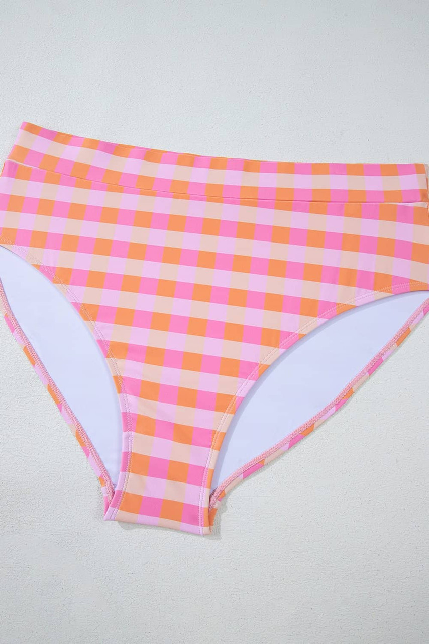 Pink Plus Size Plaid Print High Waist Bikini Set