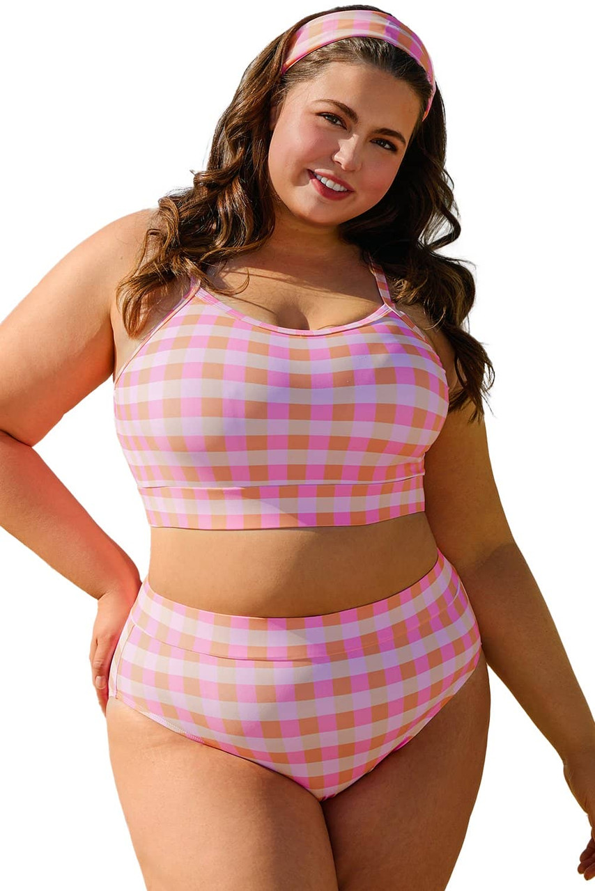 Pink Plus Size Plaid Print High Waist Bikini Set