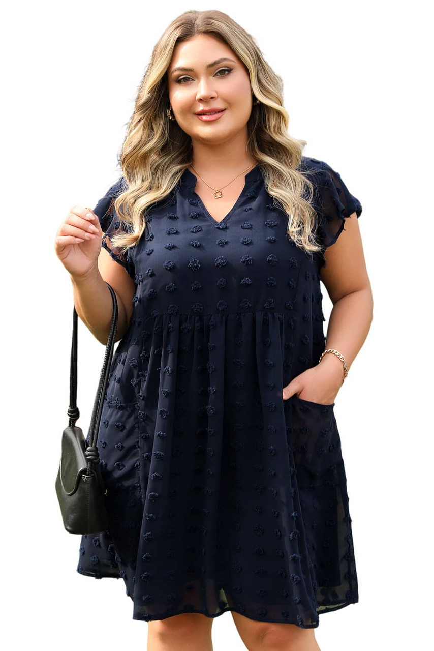 Navy Blue Dotty Textured Notched Neck Plus Ruffled Dress