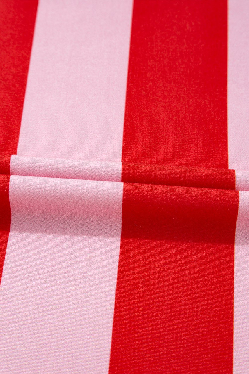 Pink Stripe Patchwork Round Neck Side Split Loose T Shirt