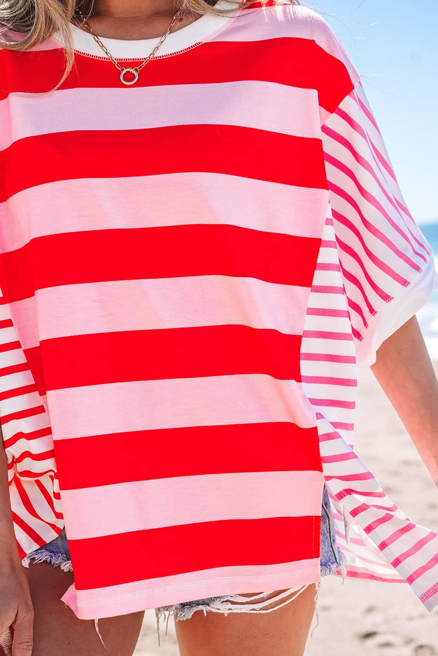 Pink Stripe Patchwork Round Neck Side Split Loose T Shirt