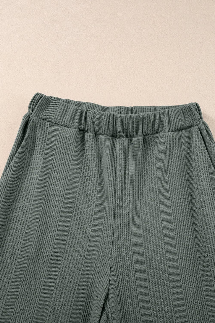 Duffel Green Solid Color Ribbed Ruffle Tank Top and Pants Set