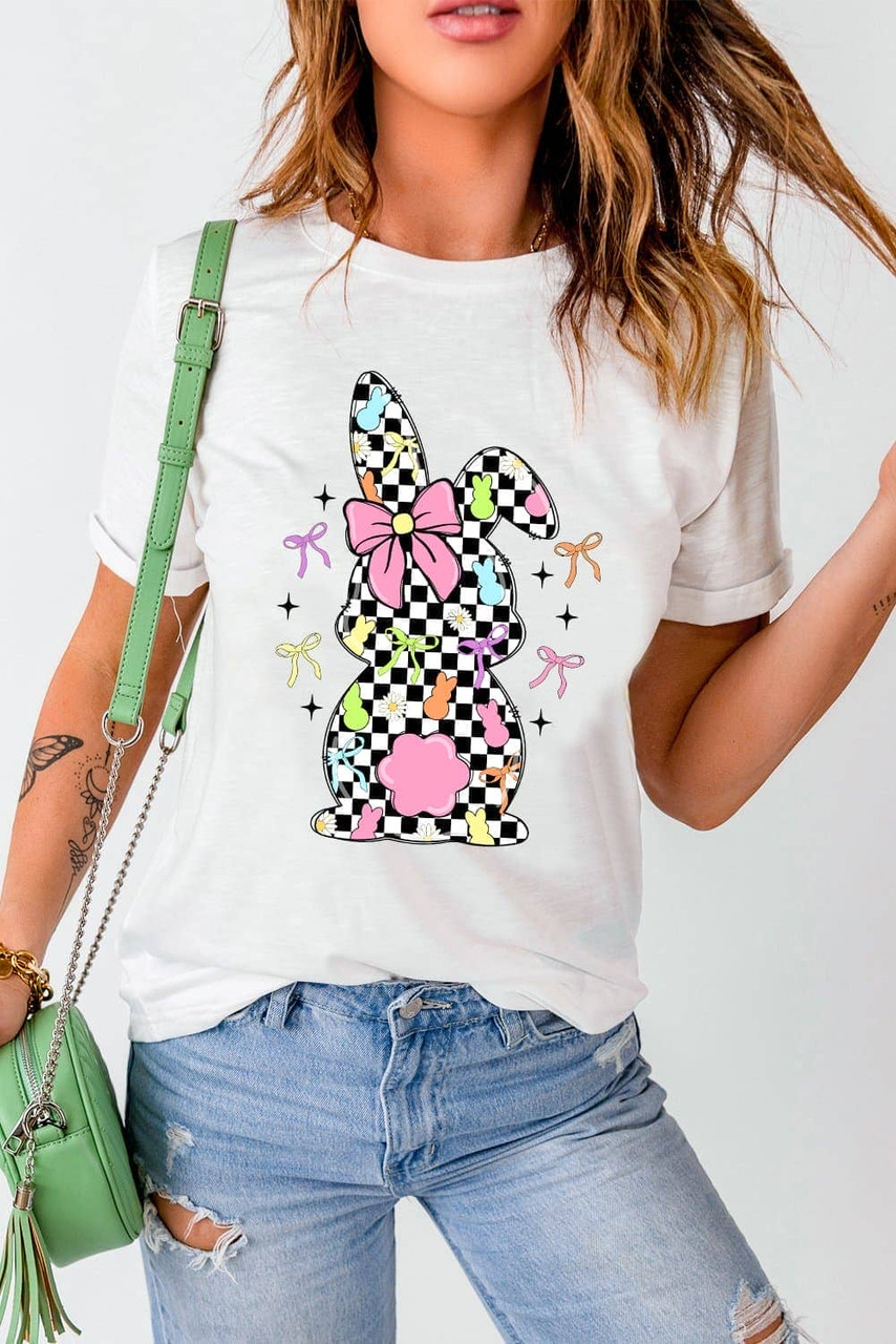 White Bowknot Checkerboard Bunny Graphic Easter T Shirt