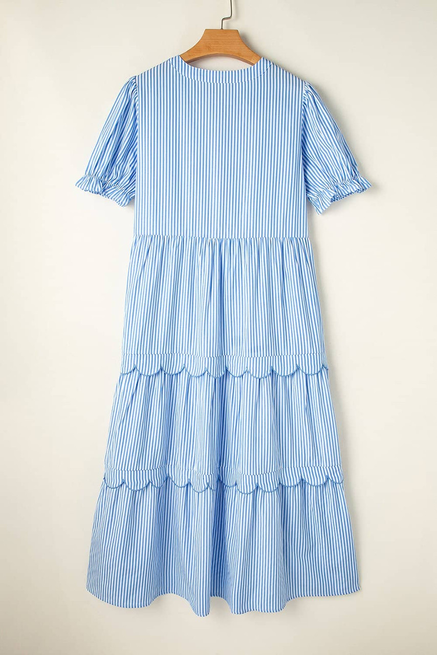 Sky Blue Stripe Bubble Short Sleeve Tiered Scallop Long Dress
