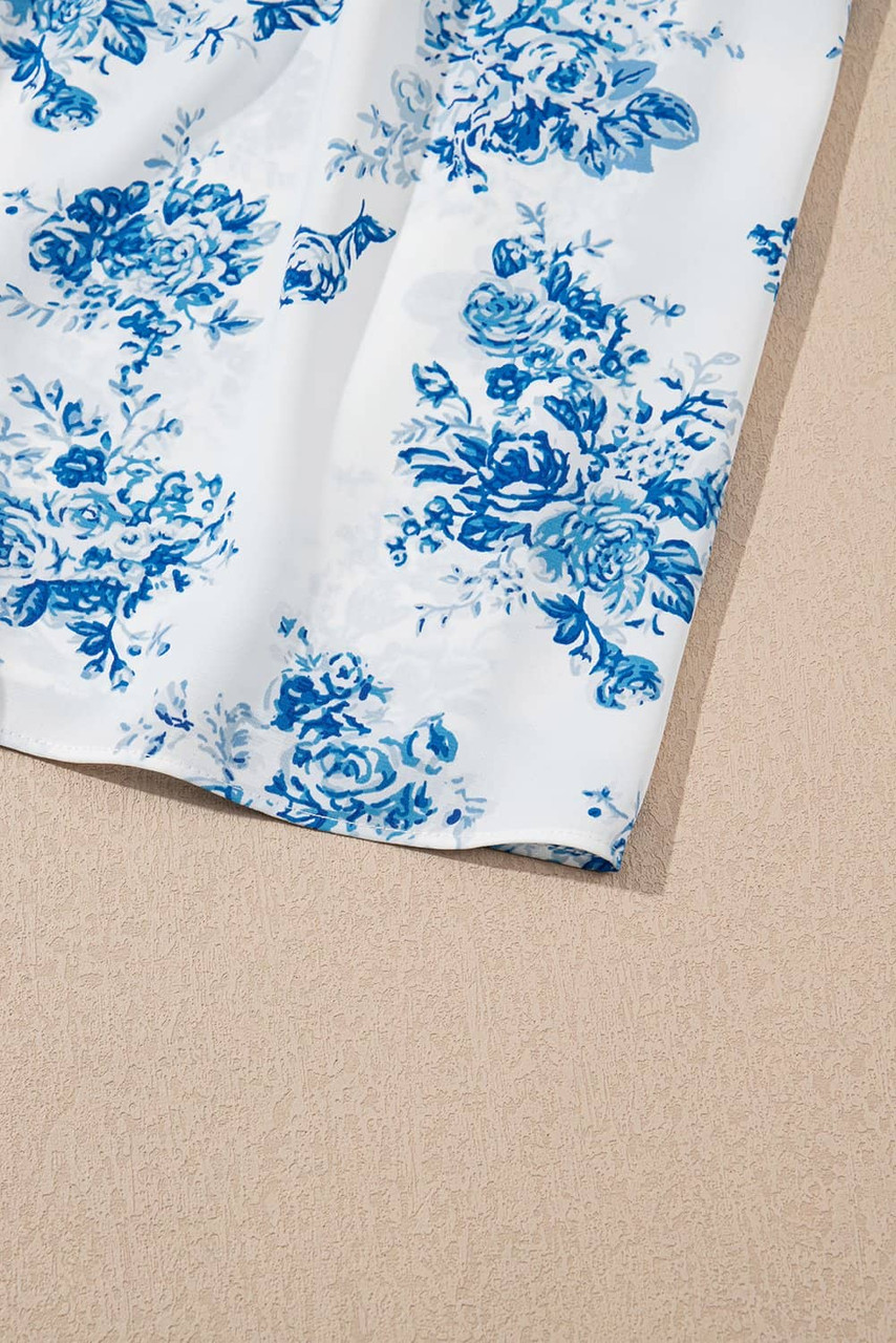 Sky Blue Floral Print Shirred Knot Shoulder Sleeveless Long Dress