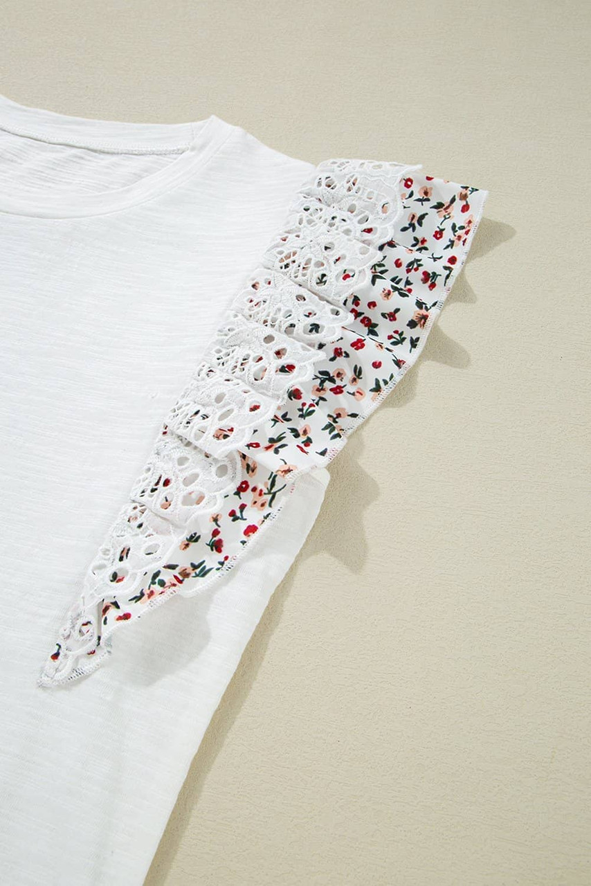 White Floral Lace Eyelet Patched Butterfly Sleeve Blouse
