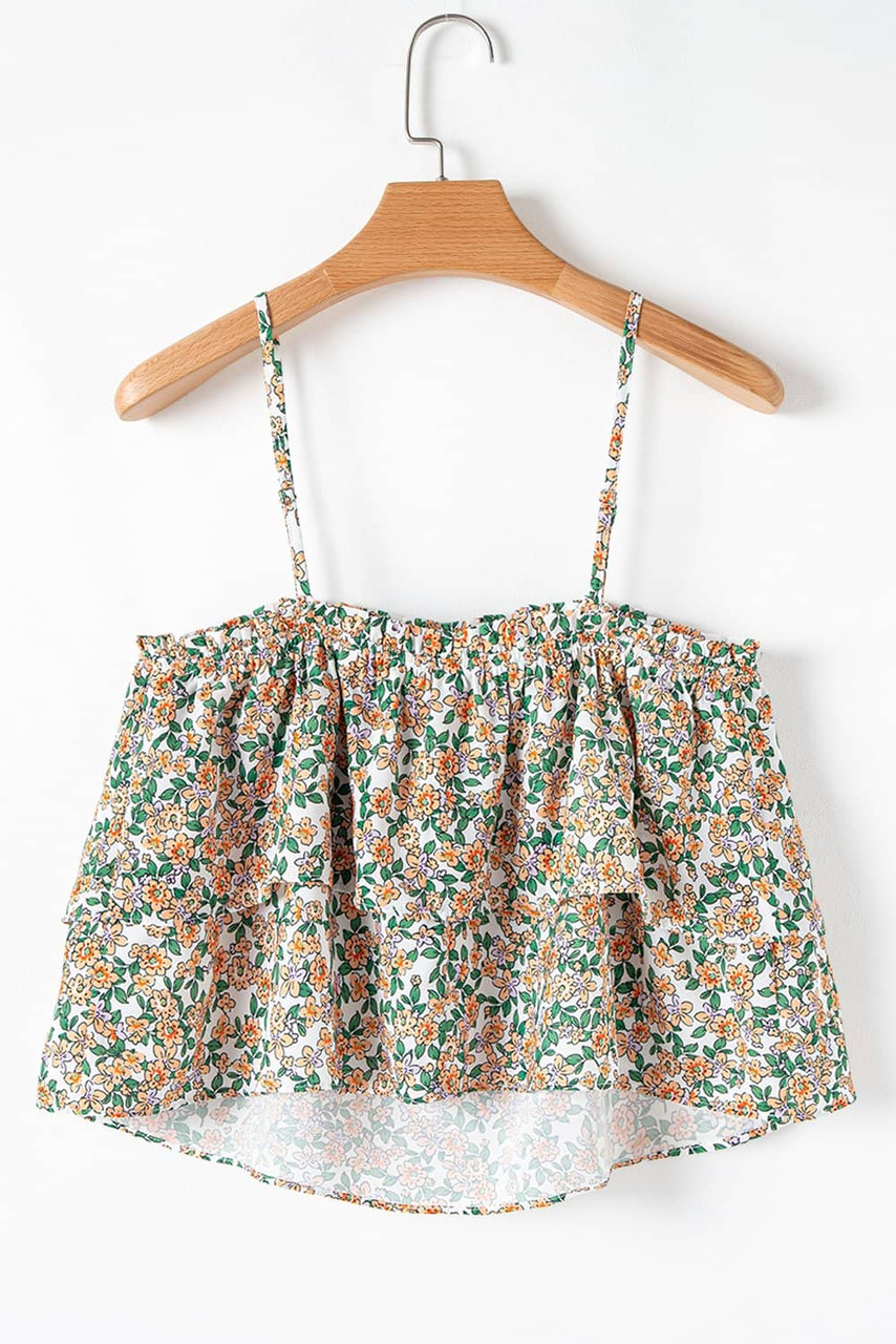 White Boho Floral Spaghetti Strap Ruffle Summer Tank Top