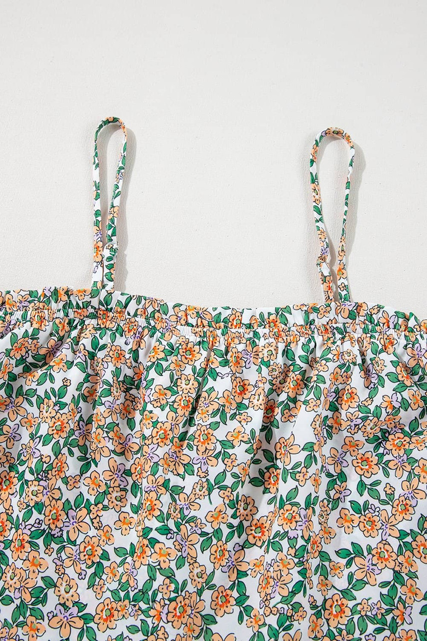 White Boho Floral Spaghetti Strap Ruffle Summer Tank Top