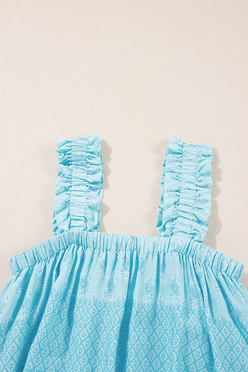Sky Blue Tribal Pattern Print Ruffled Wide Straps Loose Tank Top