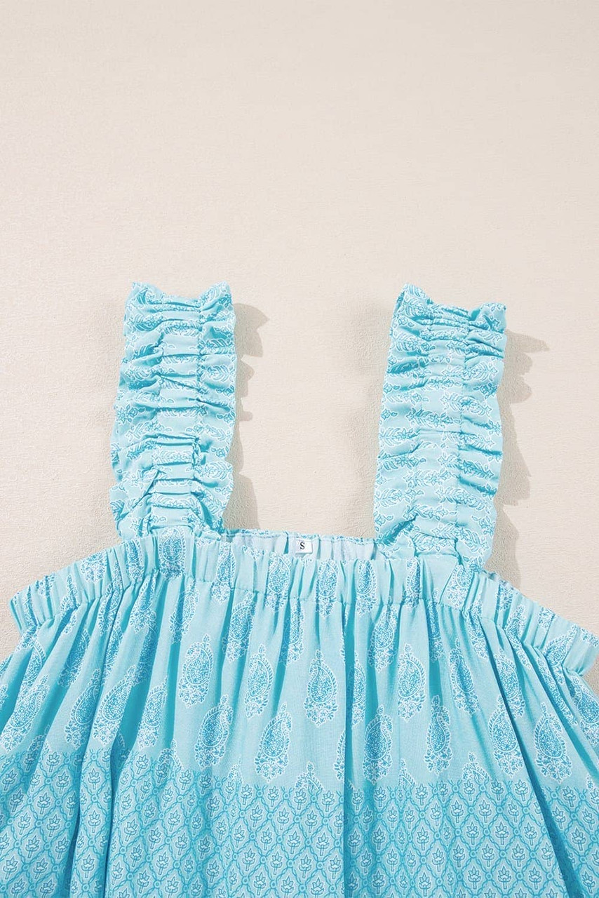 Sky Blue Tribal Pattern Print Ruffled Wide Straps Loose Tank Top