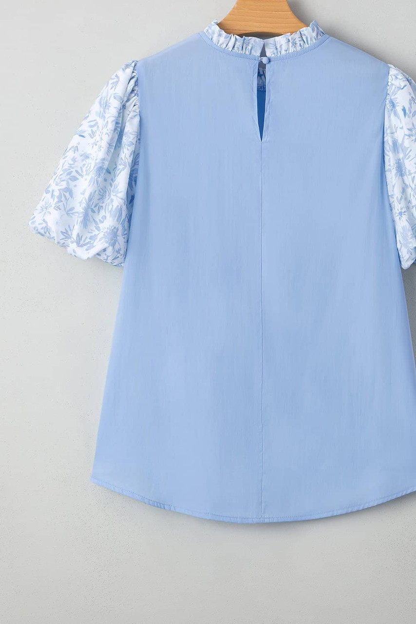 Beau Blue Lace Insert Floral Puff Sleeve Patchwork Loose Blouse