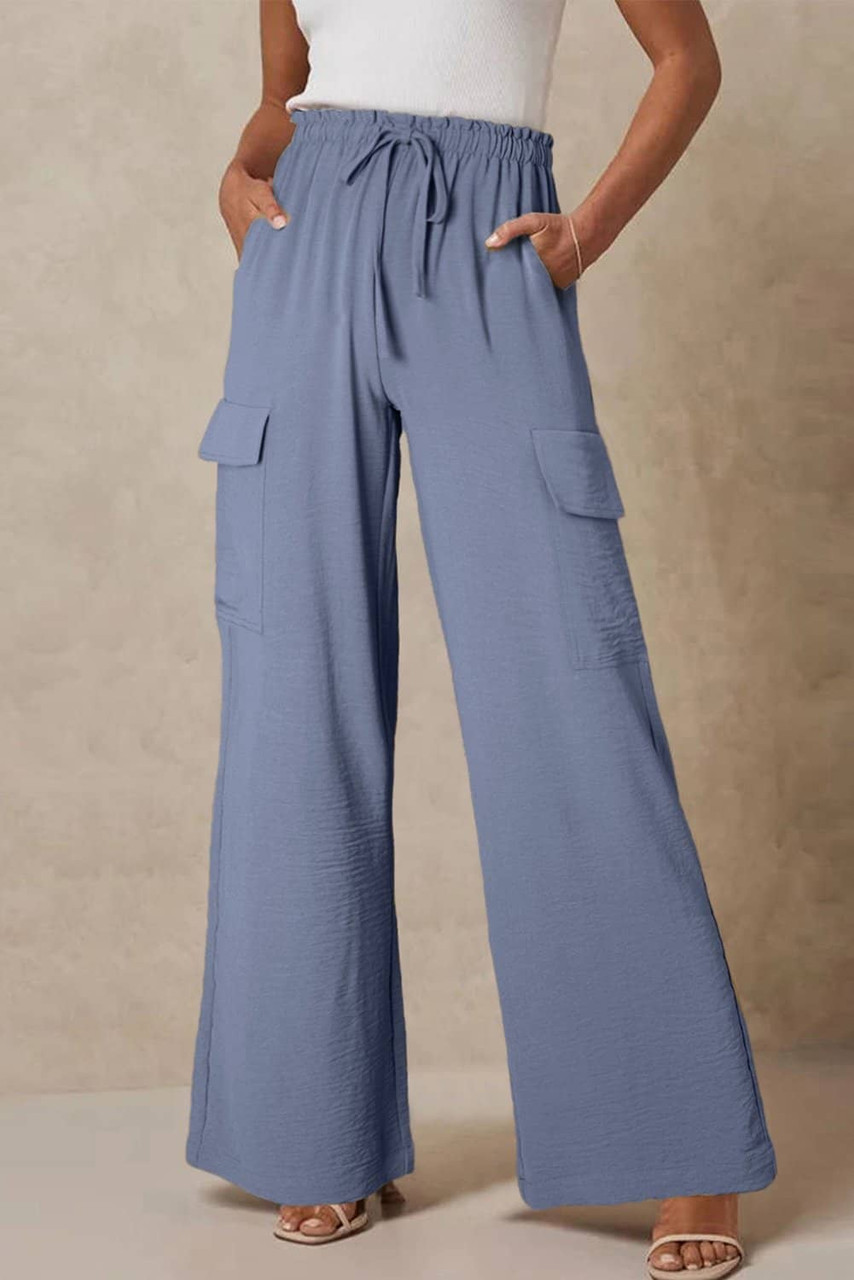 Dark Grey Drawstring Frilled Waist Wide Leg Utility Trousers