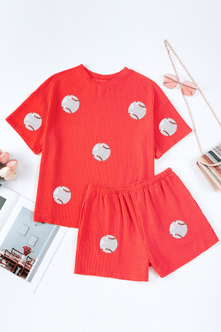 Orange Baseball Patched Twisted Rib T Shirt and Shorts Set Orange Baseball Patched Twisted Rib T Shirt and Shorts Set