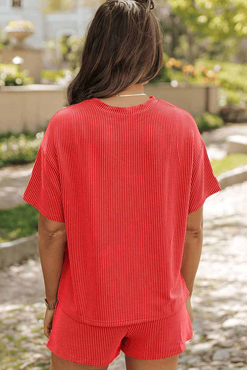 Orange Baseball Patched Twisted Rib T Shirt and Shorts Set Orange Baseball Patched Twisted Rib T Shirt and Shorts Set