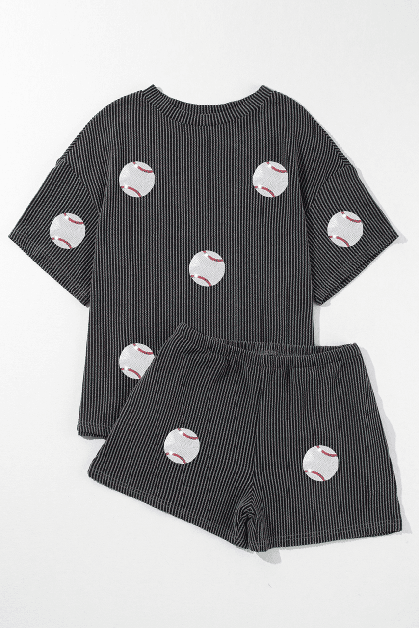 Carbon Grey Baseball Patched Twisted Rib T Shirt and Shorts Set Carbon Grey Baseball Patched Twisted Rib T Shirt and Shorts Set