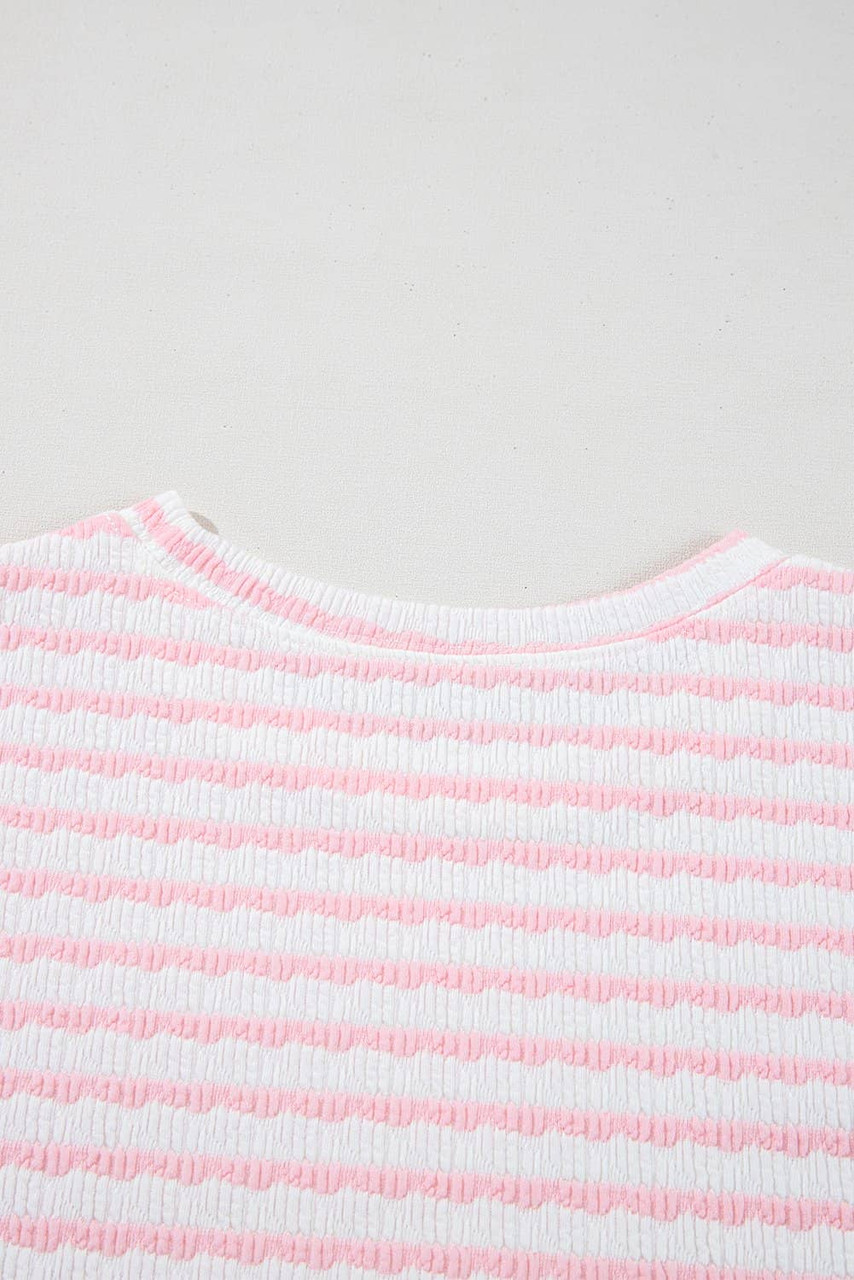 Pink Stripe Knitted Short Sleeve Top and Drawstring Shorts Set