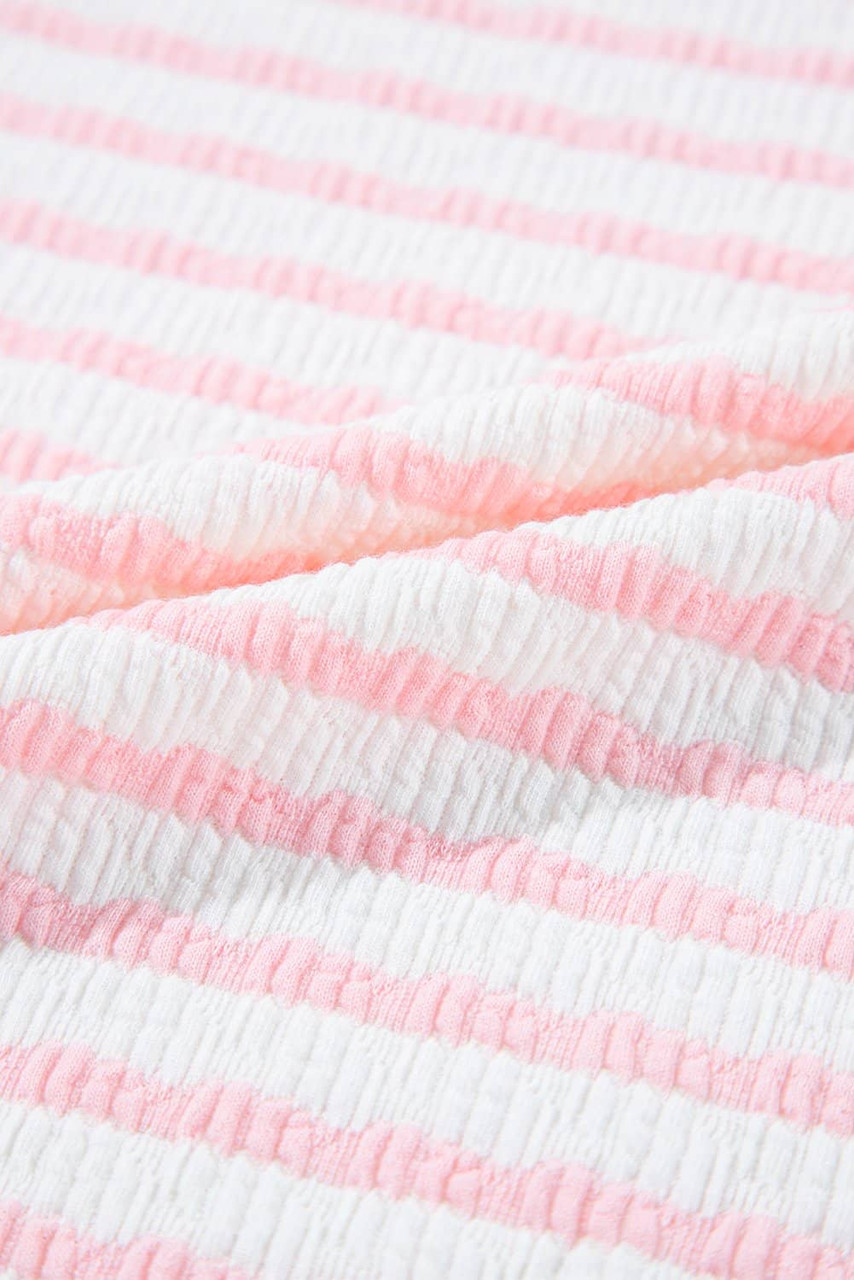 Pink Stripe Knitted Short Sleeve Top and Drawstring Shorts Set