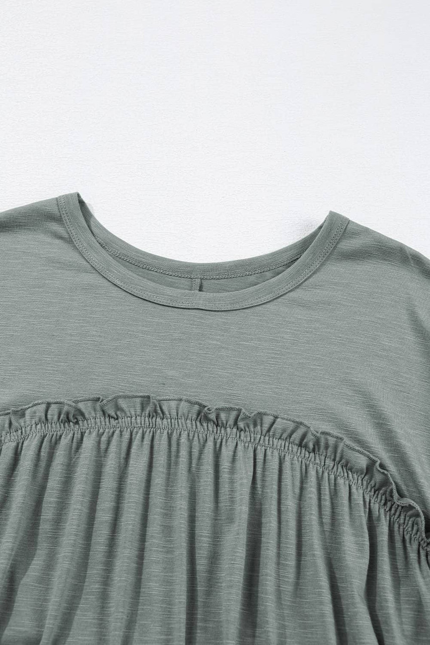 Mist Green Frilled Gathered Seam Round Neck T Shirt Dress