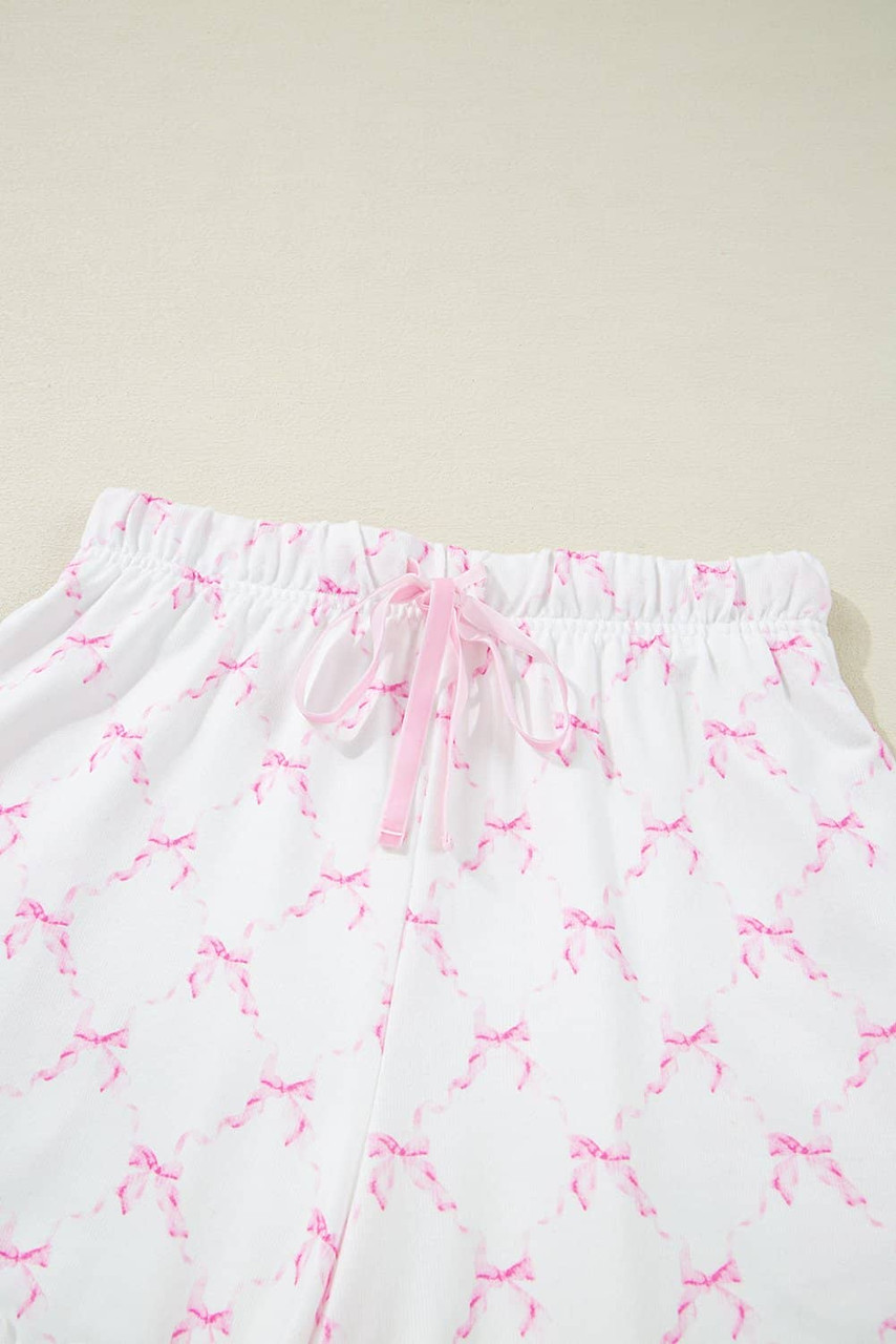 Pink Bow Knot Geometric Print Lettuce Trim Two Piece Lounge Set