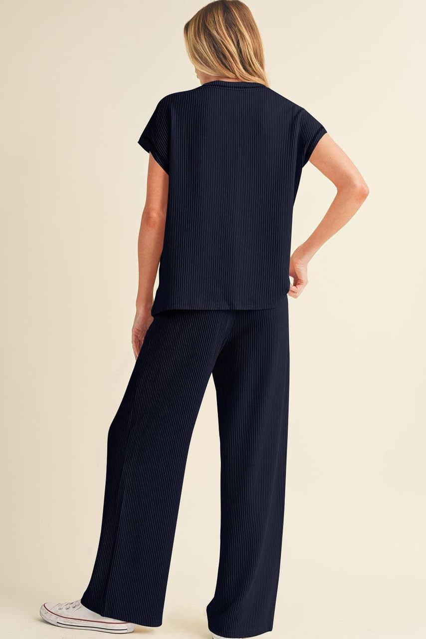 Navy Blue Solid Color Corded Short Sleeve Top and Casual Pants Set Navy Blue Solid Color Corded Short Sleeve Top and Casual Pants Set