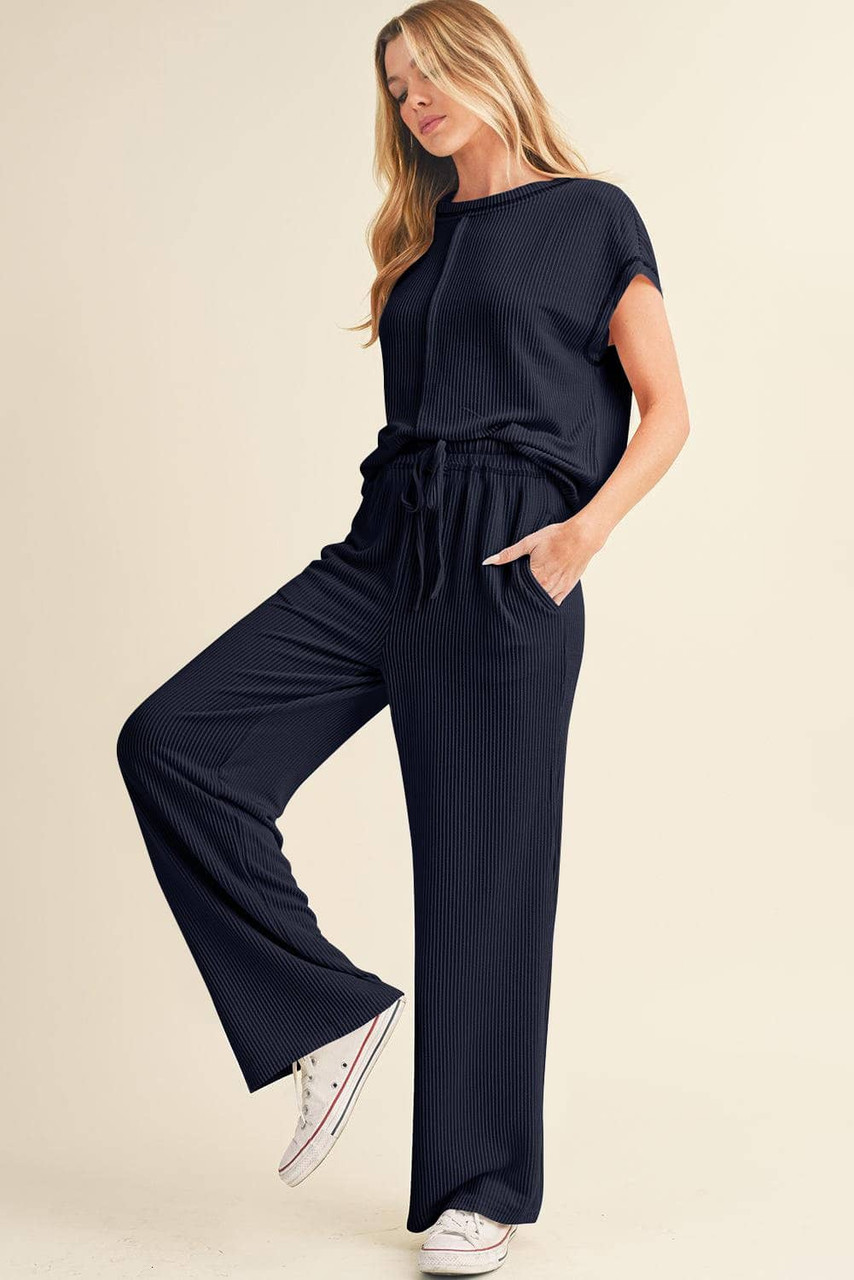 Navy Blue Solid Color Corded Short Sleeve Top and Casual Pants Set Navy Blue Solid Color Corded Short Sleeve Top and Casual Pants Set