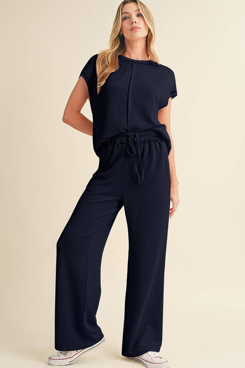 Navy Blue Solid Color Corded Short Sleeve Top and Casual Pants Set Navy Blue Solid Color Corded Short Sleeve Top and Casual Pants Set