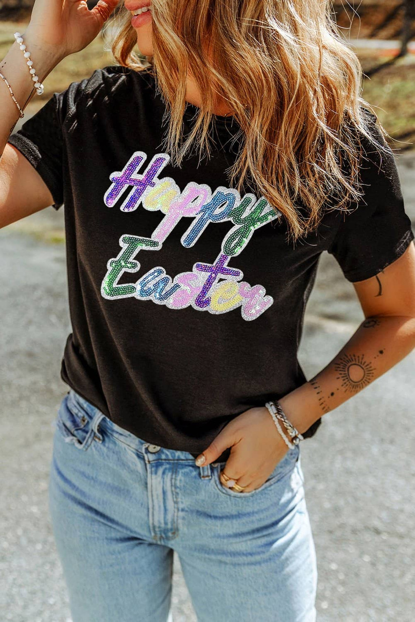Black Sequined Happy Easter Graphic Tee