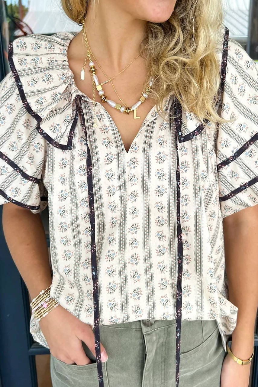 White Floral Ruffled Collar Short Puff Sleeve Printed Blouse White Floral Ruffled Collar Short Puff Sleeve Printed Blouse