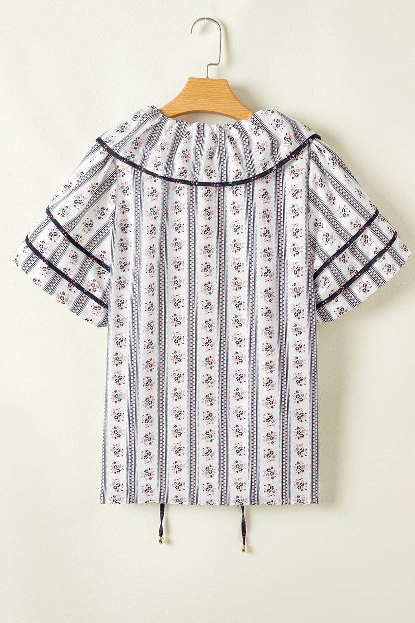 White Floral Ruffled Collar Short Puff Sleeve Printed Blouse White Floral Ruffled Collar Short Puff Sleeve Printed Blouse