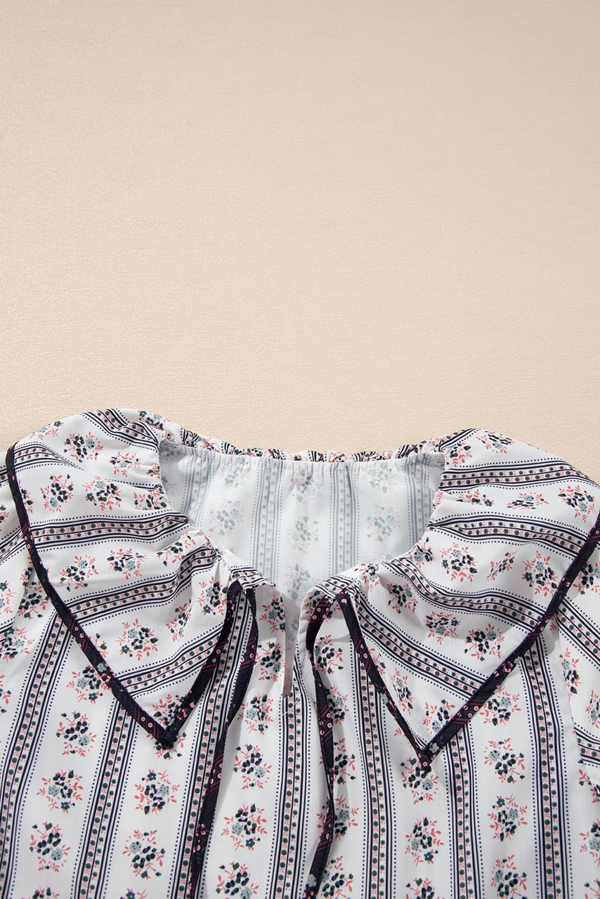 White Floral Ruffled Collar Short Puff Sleeve Printed Blouse White Floral Ruffled Collar Short Puff Sleeve Printed Blouse