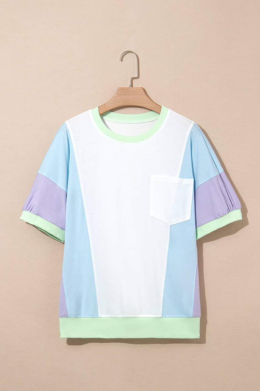 White Color Block Patchwork Half Sleeve Oversized T Shirt