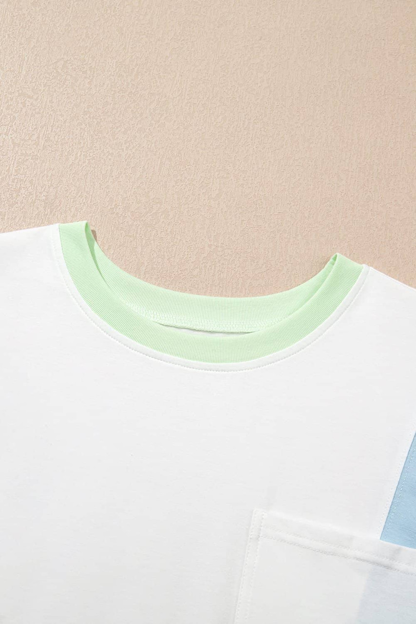 White Color Block Patchwork Half Sleeve Oversized T Shirt