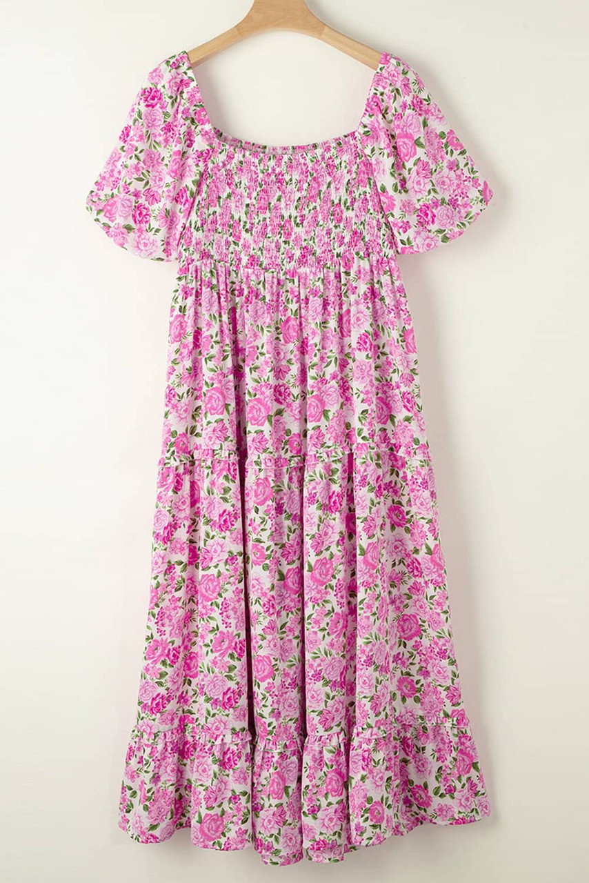 Pink Dainty Floral Smocked Puff Sleeve Flowy Long Dress Pink Dainty Floral Smocked Puff Sleeve Flowy Long Dress