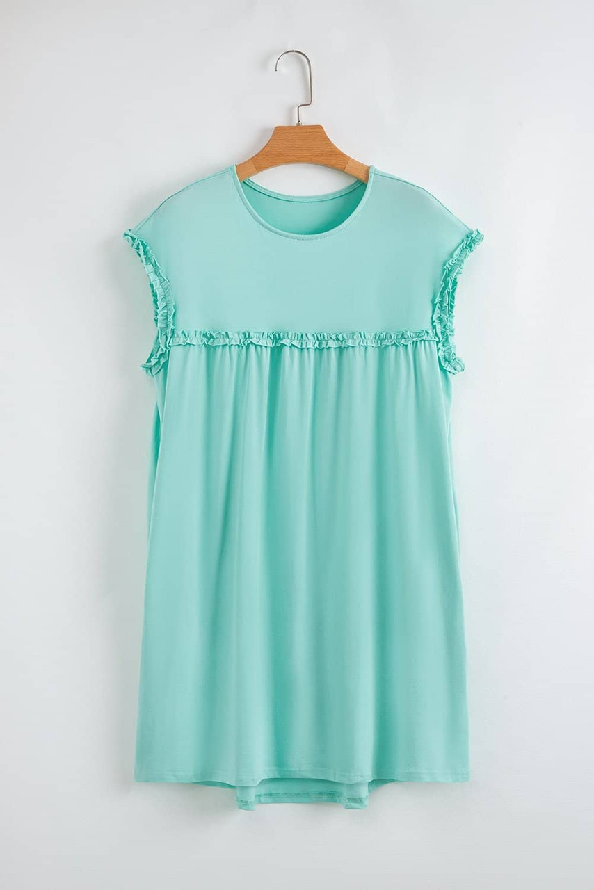 Mint Green Frilled Trim Crew Neck Loose Fit Mini Dress