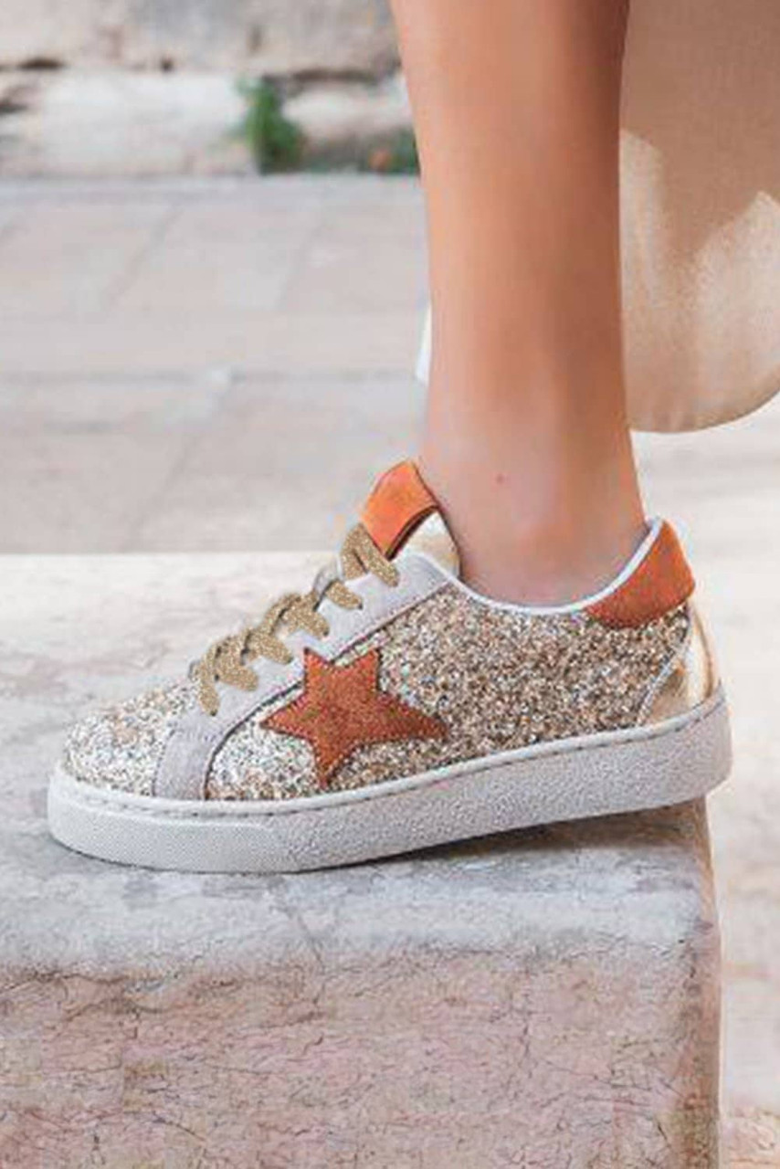 Gold Star Patchwork Sequined Lace-up Sneakers