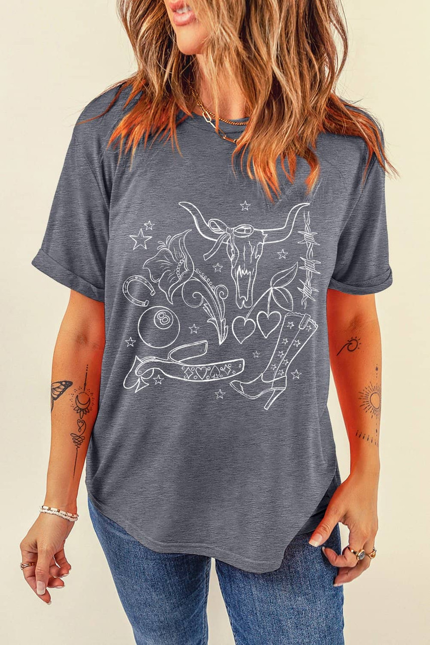 Gray Cowgirl Boots OX Head Western Fashion Print Crewneck Tee