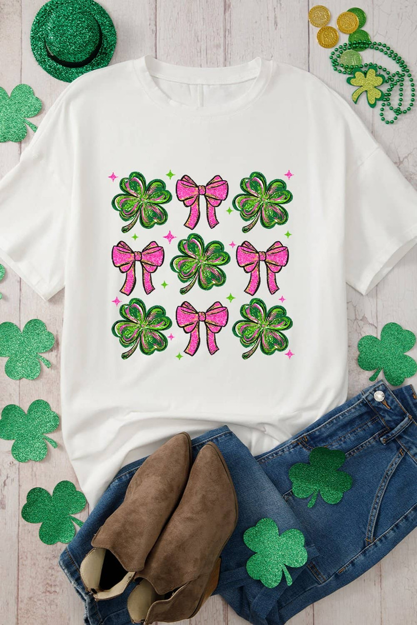 White St Patrick Shamrock Bowknot Printed Crewneck Tee White St Patrick Shamrock Bowknot Printed Crewneck Tee
