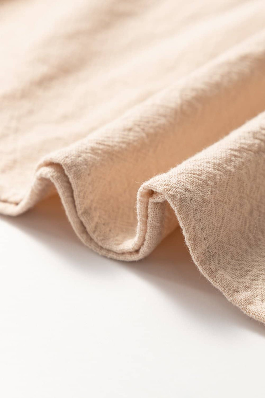 Jet Stream Linen Embroidery Split Neck Pom Pom Ruffle Sleeves Flowy Short Dress