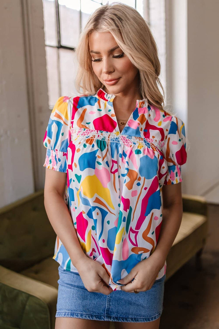 Multicolour Abstract Print Lace Detail Shirred Short Sleeve Split Neck Blouse Multicolour Abstract Print Lace Detail Shirred Short Sleeve Split Neck Blouse