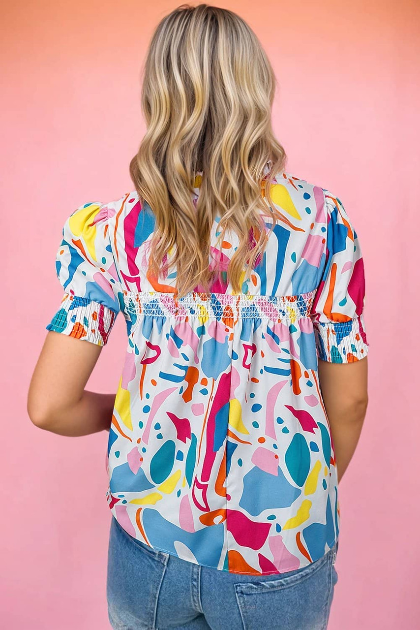 Multicolour Abstract Print Lace Detail Shirred Short Sleeve Split Neck Blouse Multicolour Abstract Print Lace Detail Shirred Short Sleeve Split Neck Blouse