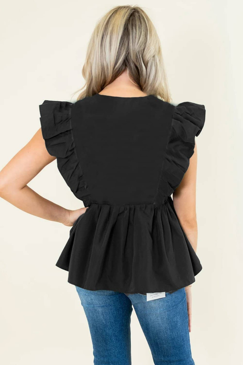Black Contrast Ricrac Trim Ruffled V Neck Peplum Top Black Contrast Ricrac Trim Ruffled V Neck Peplum Top