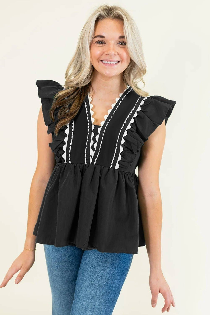 Black Contrast Ricrac Trim Ruffled V Neck Peplum Top Black Contrast Ricrac Trim Ruffled V Neck Peplum Top