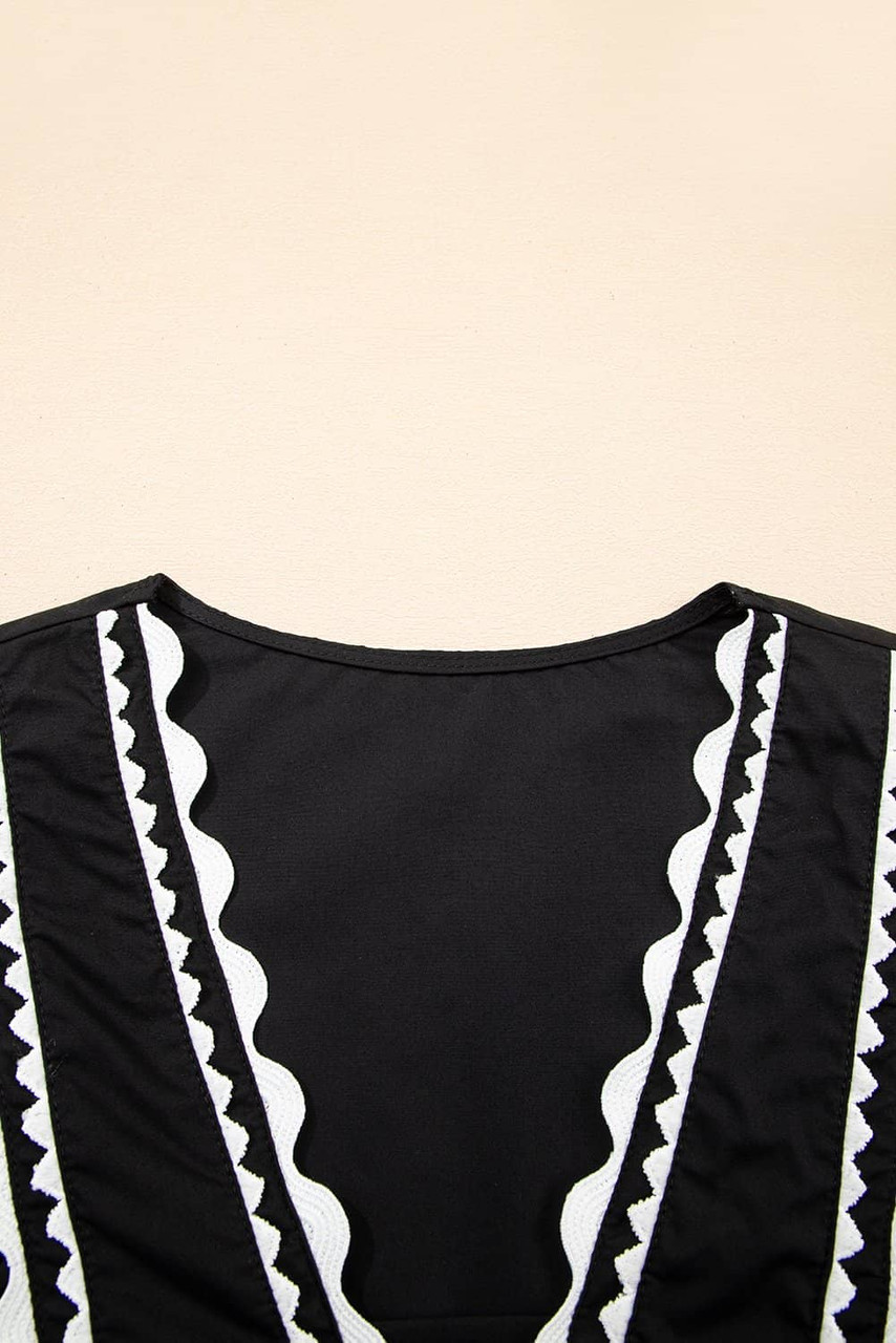 Black Contrast Ricrac Trim Ruffled V Neck Peplum Top Black Contrast Ricrac Trim Ruffled V Neck Peplum Top