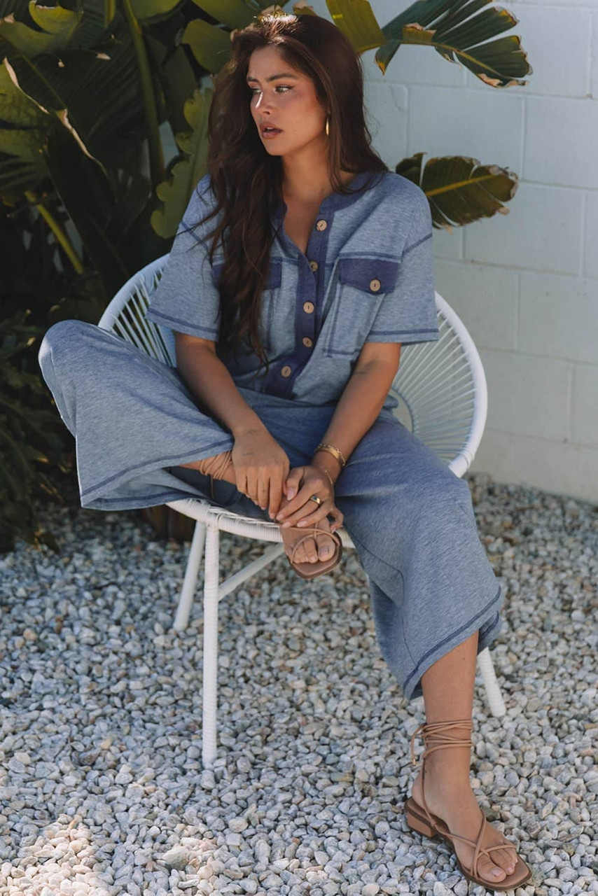 Beau Blue Half Placket Chest Pockets Short Sleeve Wide Leg Jumpsuit Beau Blue Half Placket Chest Pockets Short Sleeve Wide Leg Jumpsuit
