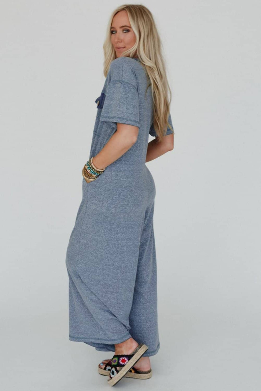 Beau Blue Half Placket Chest Pockets Short Sleeve Wide Leg Jumpsuit Beau Blue Half Placket Chest Pockets Short Sleeve Wide Leg Jumpsuit